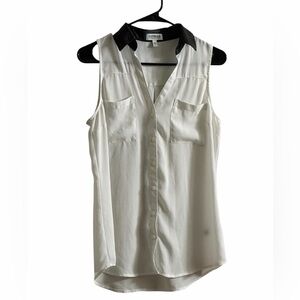 Express Sleeveless Button-Up Blouse in White with Black Collar